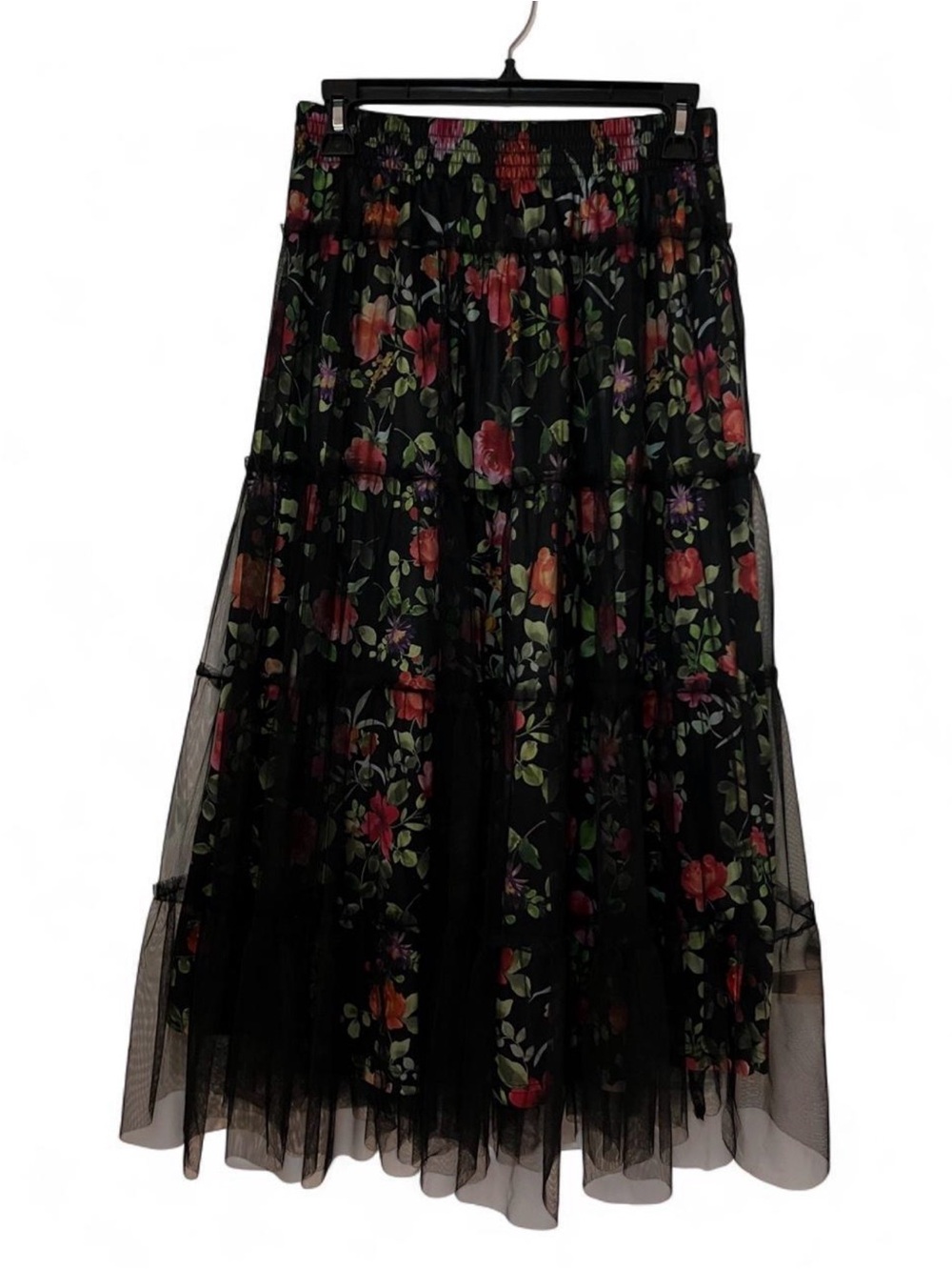 Black Floral Tiered Maxi Skirt with Sheer Overlay